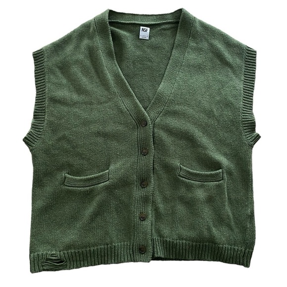 NSF Green Merino Wool Blend Ginny Knit VNeck Sweater Vest Size L - Picture 1 of 6